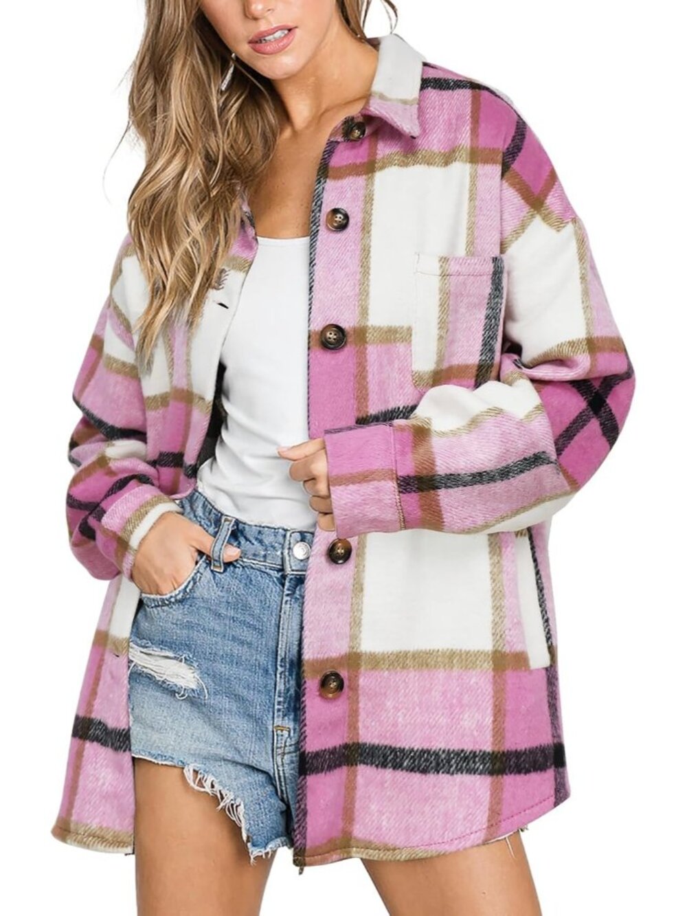 Womens Pink-White Fall Plaid Long Sleeve Bust Pocket Button Down Flannel Shacket